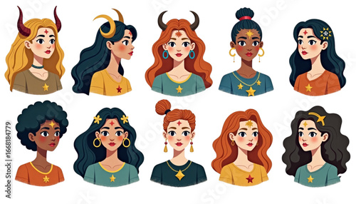 Diverse women with unique hairstyles and accessories showcasing different moods and styles against a white background