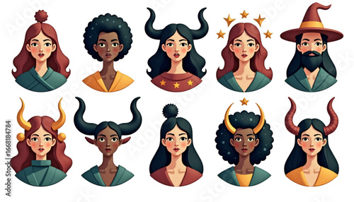 Diverse characters with unique hairstyles and expressions showcasing various themes and styles against a white background
