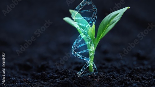 A glowing holographic plant sprouting from dark soil, symbolizing futuristic agriculture and environmental innovation. Generative AI.