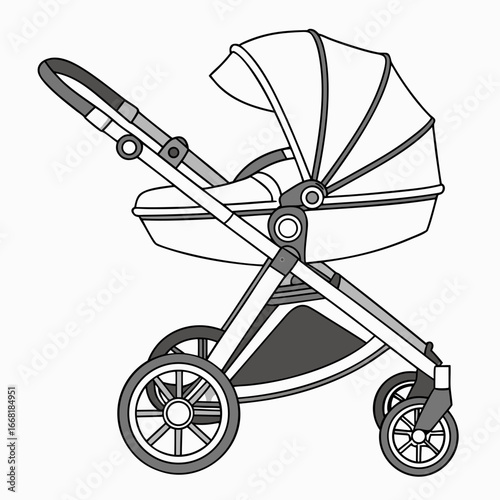 Modern baby stroller with canopy and large wheels isolated on white background