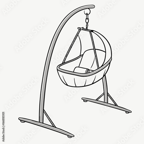 Simple black and white line drawing of a modern baby cradle swing with a comfortable seat and stand