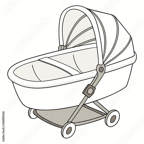 Simple cartoon illustration of a classic white baby bassinet stroller with a canopy