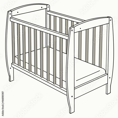 Simple line drawing illustration of a wooden baby crib with a mattress and railing