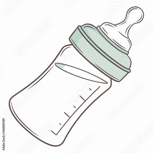 Simple cartoon illustration of an empty baby bottle with measurement markings and a light blue cap