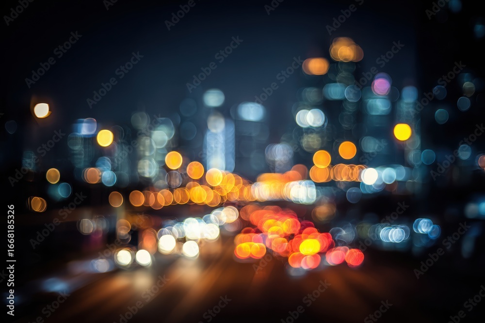 Fototapeta premium Out-of-focus image of vibrant city lights creating circular bokeh effects, evoking urban nightlife, motion, and dreamy ambiance.