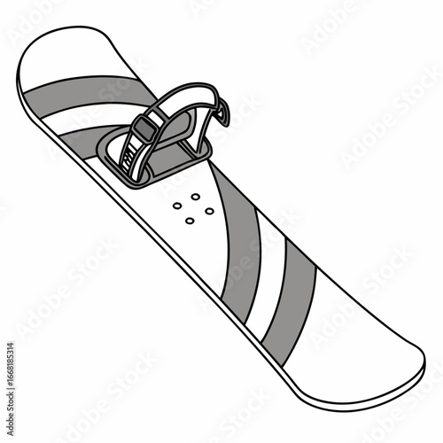Stylized illustration of a snowboard with gray stripes and binding on a white background