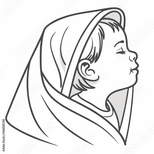 Stylized black and white line art illustration of a baby wrapped in a blanket looking upwards