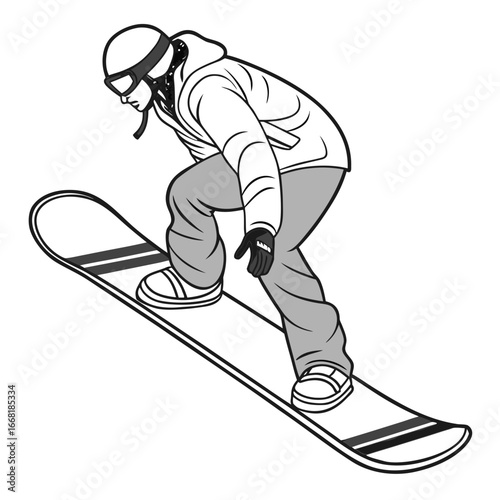 Stylized illustration of a snowboarder in action wearing a helmet and goggles mid turn on a snowboard