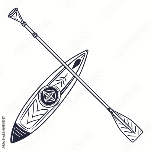 Stylized outline drawing of a canoe and paddle with tribal inspired geometric patterns