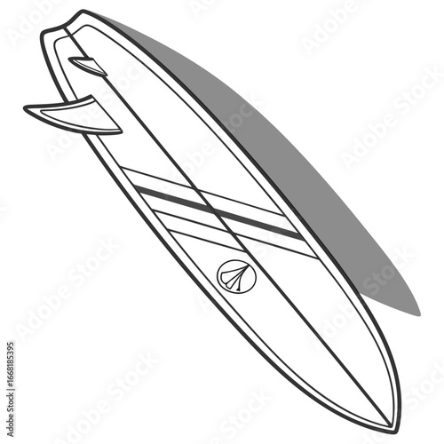 Stylized outline drawing of a longboard surfboard with fins and a simple graphic logo
