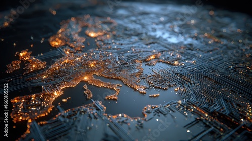 Europe Map Circuit Board with Glowing Lights, Technology Concept
