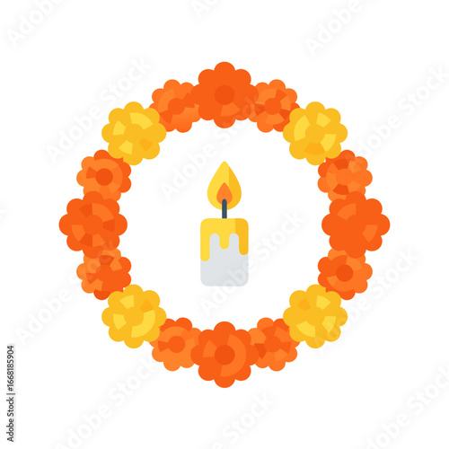 Marigold flower wreath with candle in the center for Dia de los Muertos altar decoration