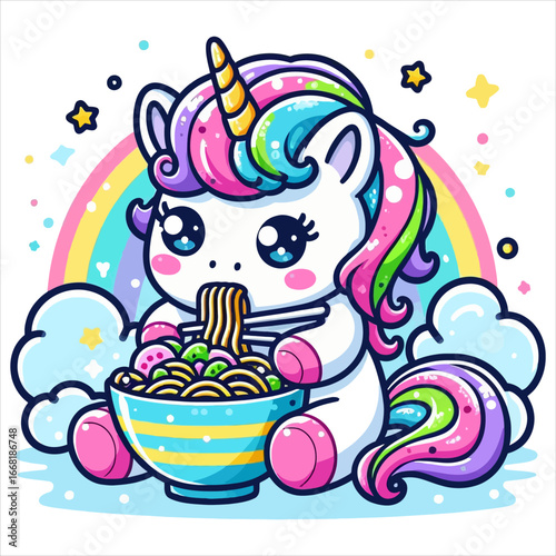 Art of cute unicorn eating ramen