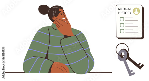 Woman sitting thoughtfully with medical history document and keys symbolizing decision-making, privacy, health management, and security. Ideal for healthcare, personal data, lifestyle, organization