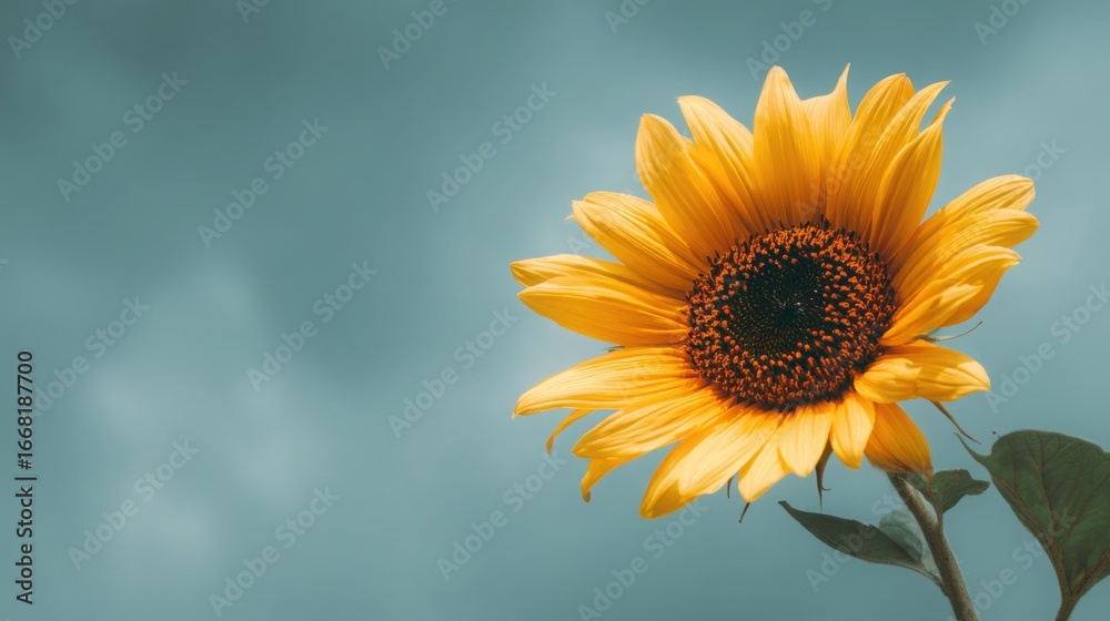 Obraz premium Vivid yellow sunflower in full bloom with a clean blue sky background symbolizing summer positivity and nature beauty.