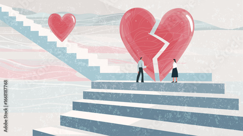 Man and woman standing near big broken heart on stairs background. Love and relationship problems concept, divorce. Vector illustration with space for text.