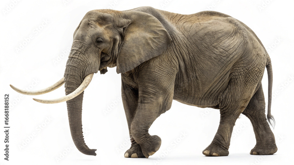 Fototapeta premium A full body shot of an african elephant walking with its tusks visible on a white background plain studio