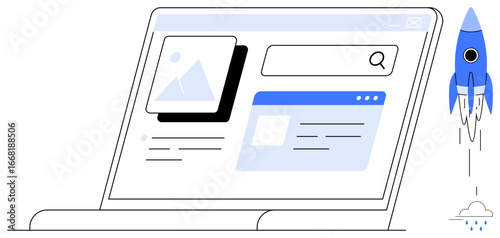 Laptop showcasing web design elements, gallery preview, search bar, and navigation. Rocket launching on side signifies creativity, innovation, technology, business growth startup success. Minimal