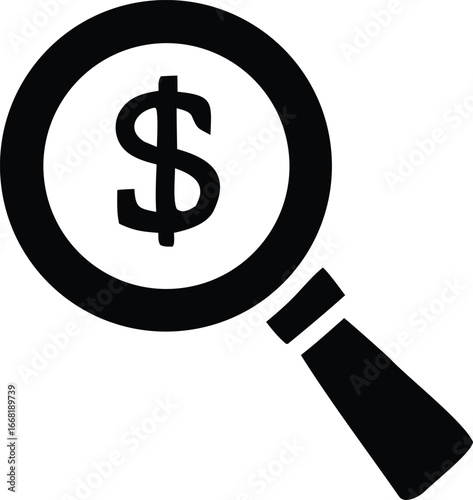 Magnifying glass focusing on dollar sign symbol representing financial search and business analysis