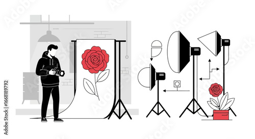 Photography professional workflow: flower photoshoot setup in studio illustration