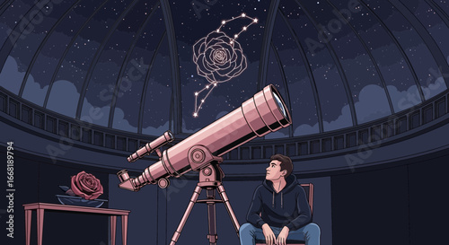 Man gazing at rose constellation with telescope in astronomical observatory