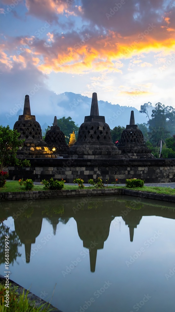 Obraz premium Stone stupas reflected in tranquil water at dawn, bathed in the warm hues of sunrise.