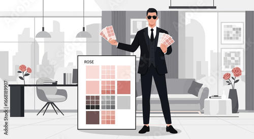 Stylish designer presenting rose color palette for modern interior design