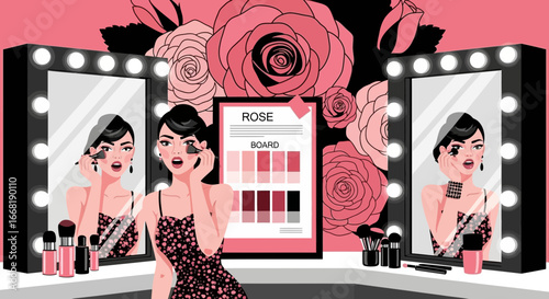 Glamorous makeup application in a dressing room with a rose theme design