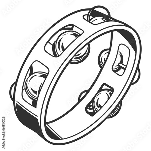 Illustration of a black and white tambourine, a musical instrument used in various genres