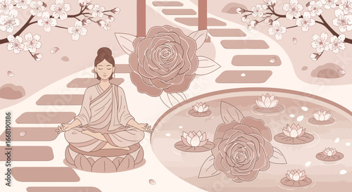 Contemplative serenity, woman in lotus position amidst tranquil scenery