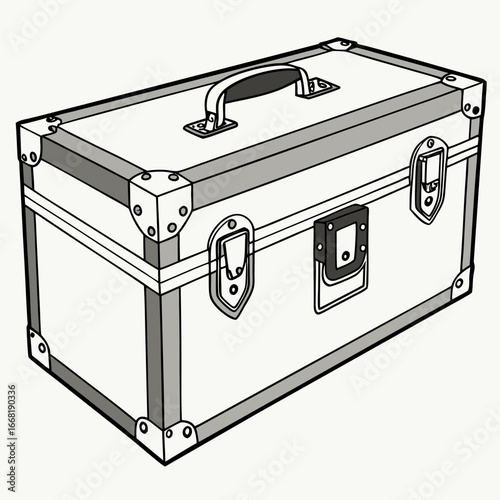 Illustration of a metal toolbox with handle, latches, and reinforced corners for storage and transport