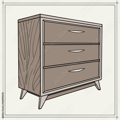 Illustration of a midcentury modern dresser with three drawers, perfect for adding a touch of retro style to any interior design