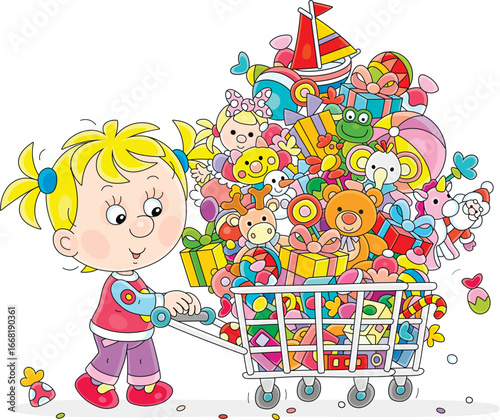 Happy little girl pulling a shopping cart overflowing with funny colorful toys, gifts and sweets from a supermarket before a holiday, vector cartoon illustration on a white background