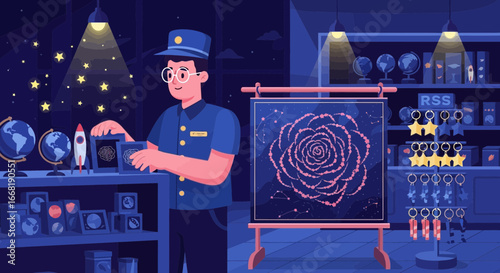 Quirky astronomy shop with a friendly clerk arranging celestial themed wares