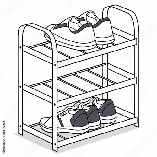 Illustration of a shoe rack with two pairs of shoes, , providing a neat and tidy storage solution