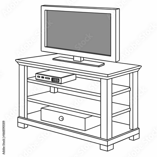 Illustration of a tv stand with shelves and a tv on top, perfect for home entertainment setup