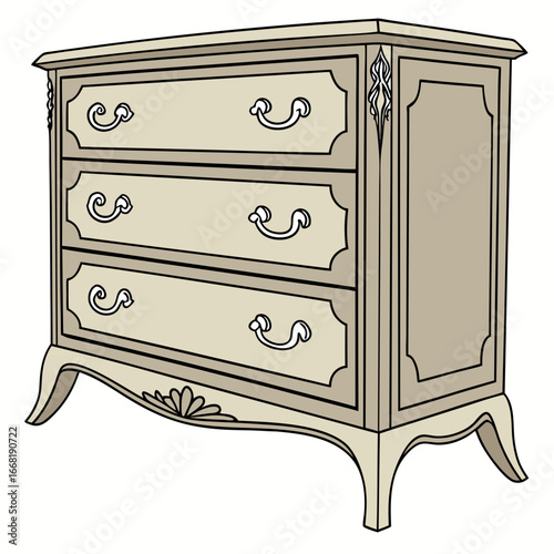Illustration of an antique dresser with ornate details and a classic design