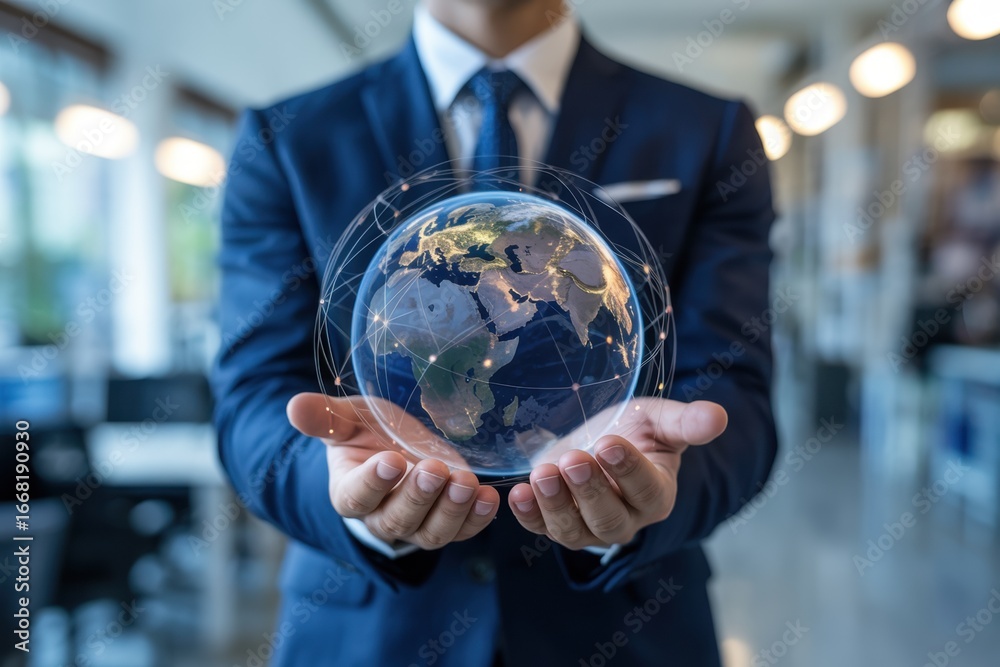 Fototapeta premium A businessman holding a digital globe with network lines in his hands in an office setting