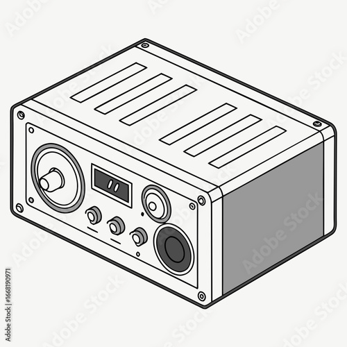 Vector art of isometric line art illustration of a vintage speaker system with knobs, dials, and a grill