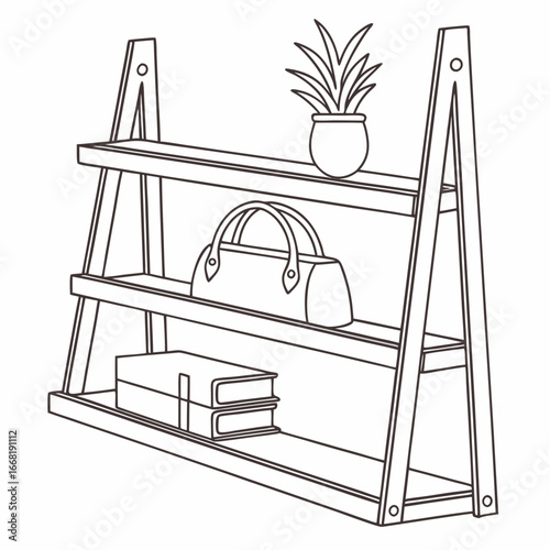 Vector art of three tier wooden ladder shelf with plant, bag, and books