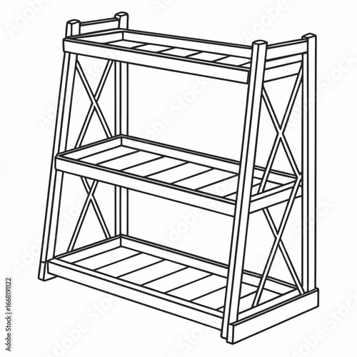 Vector art of three tier wooden shelf rack for storage and display