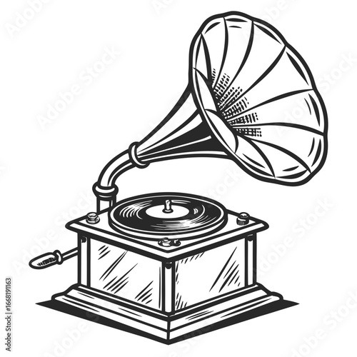 Vector art of vintage gramophone, a classic phonograph with a horn speaker, a symbol of retro music and nostalgia