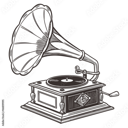Vector art of vintage gramophone illustration, a classic device for playing music from vinyl records