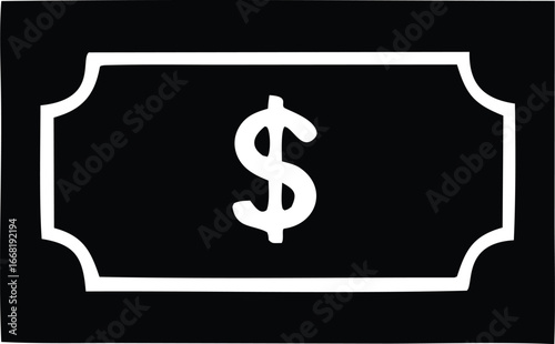 Stylized dollar sign graphic presented on a dark rectangular shape with decorative edges representing a monetary symbol
