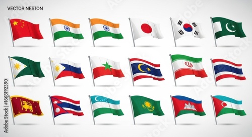Diverse collection of asian nations flags symbolizing unity and global identity