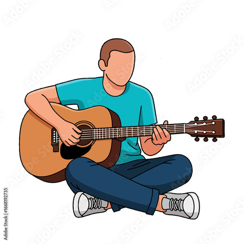 A man sits cross-legged, playing an acoustic guitar, enjoying the music.