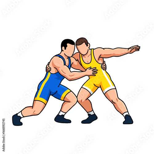 Two wrestlers in a competitive grappling match.