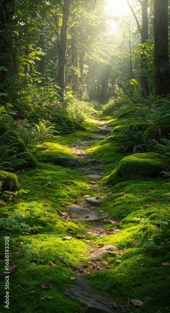 Obraz premium Sunlit forest path through mossy ground