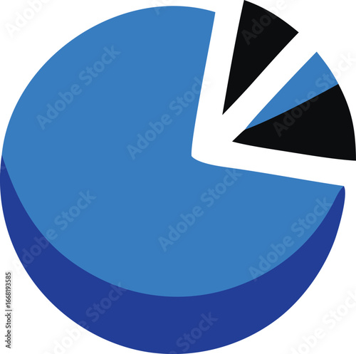 Blue pie chart graphic with black and white segments representing data analysis and financial reporting
