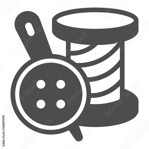 Spool of thread with button and needle solid icon, sewing tools concept. Vector graphics. Needle with cap and reel sign on white background, glyph style icon for mobile or web design.